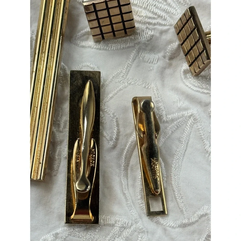 Mens‎ Gold Tone Cufflink Tie Clip Set Square Crystal Elegant Formal vintg
